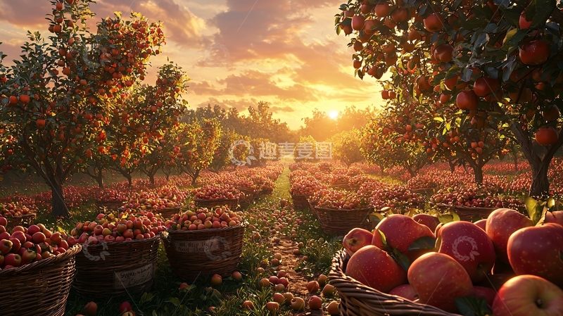 高清大图下载【趣麦麦图】夕阳下的苹果园