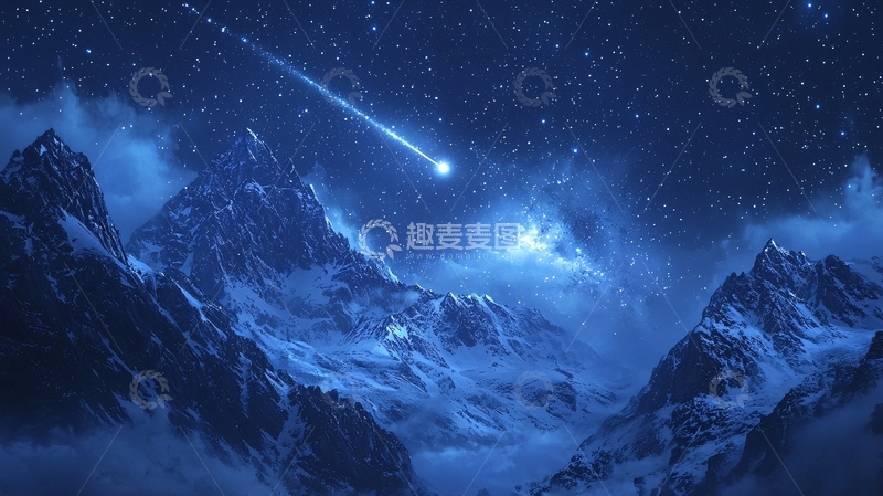 高清大图下载【趣麦麦图】蓝色星空下雪山流星