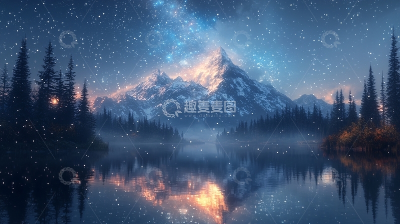 高清大图下载【趣麦麦图】雪山星空湖泊倒影