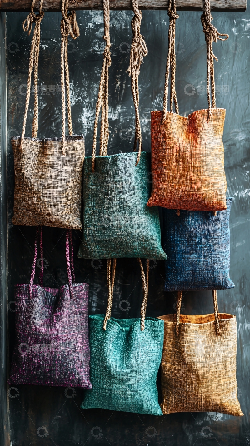 高清大图下载【趣麦麦图】彩色编织袋挂墙上