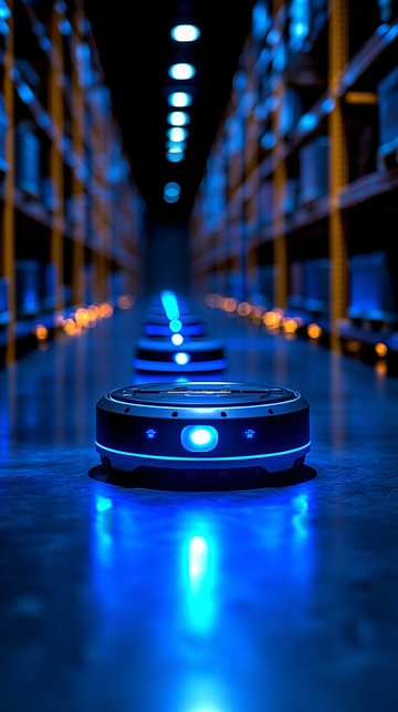 蓝色灯光下的仓库机器人
