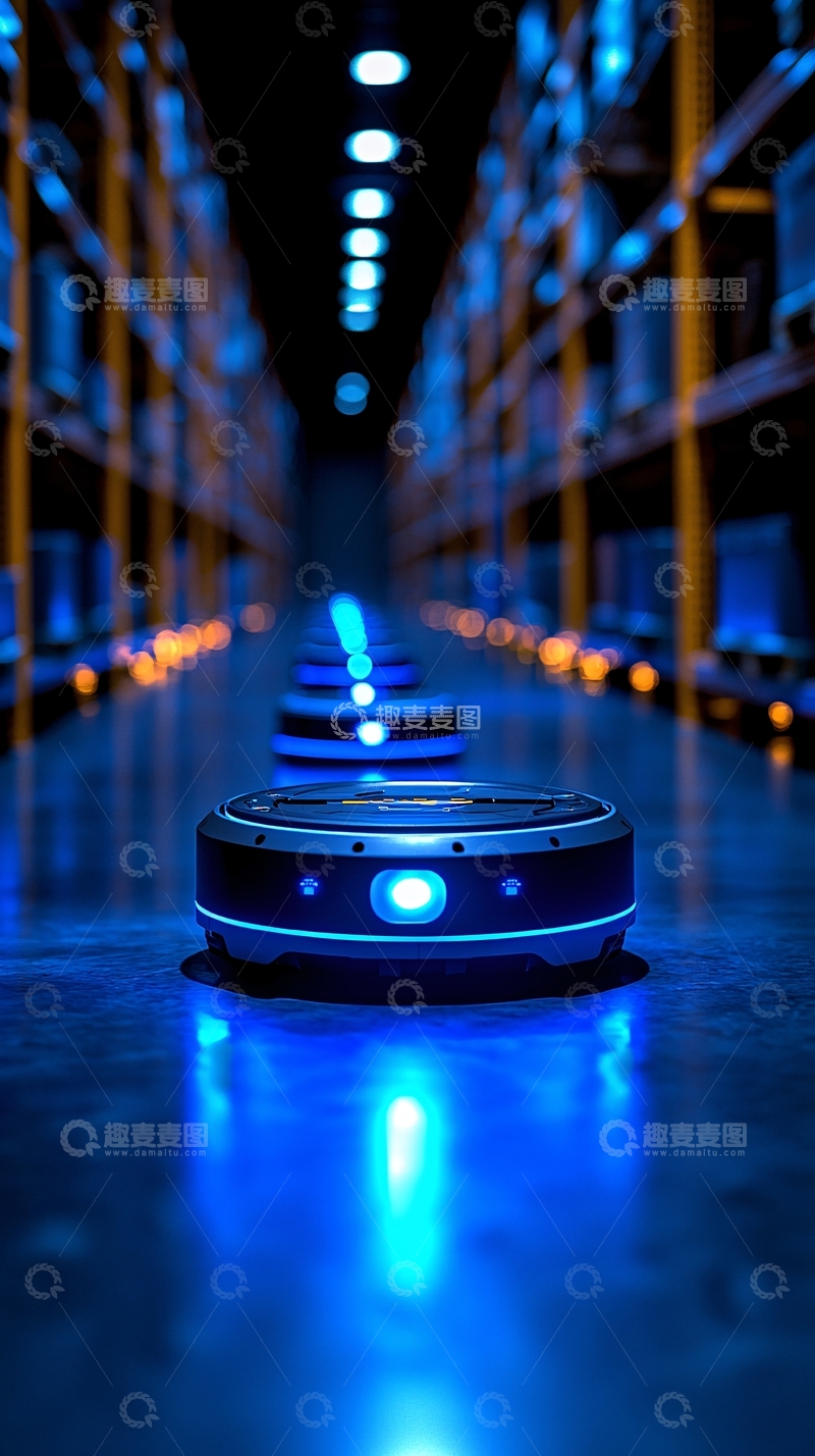 高清大图下载【趣麦麦图】蓝色灯光下的仓库机器人