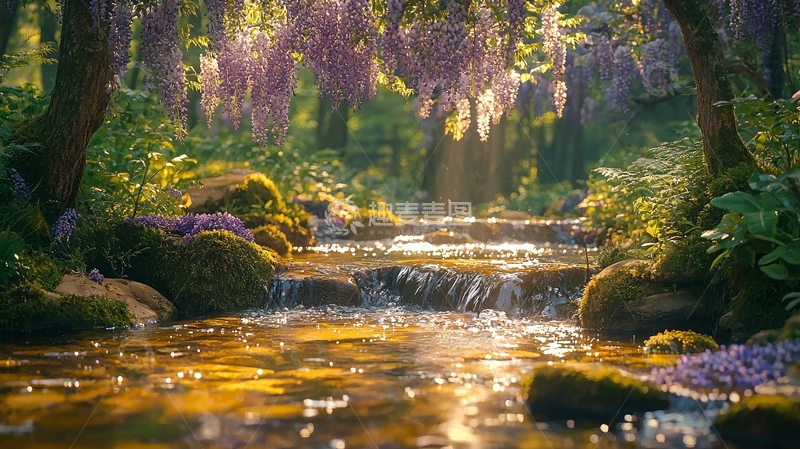 高清大图下载【趣麦麦图】阳光下的紫藤溪流