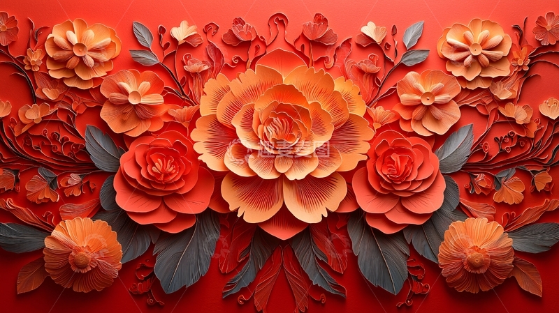 高清大图下载【趣麦麦图】红色剪纸风花卉图案