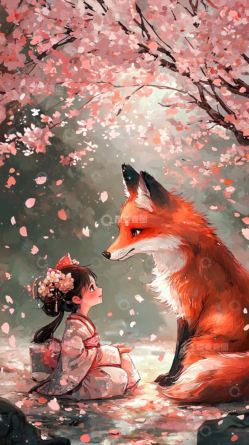 高清大图下载【趣麦麦图】樱花树下女孩与狐狸