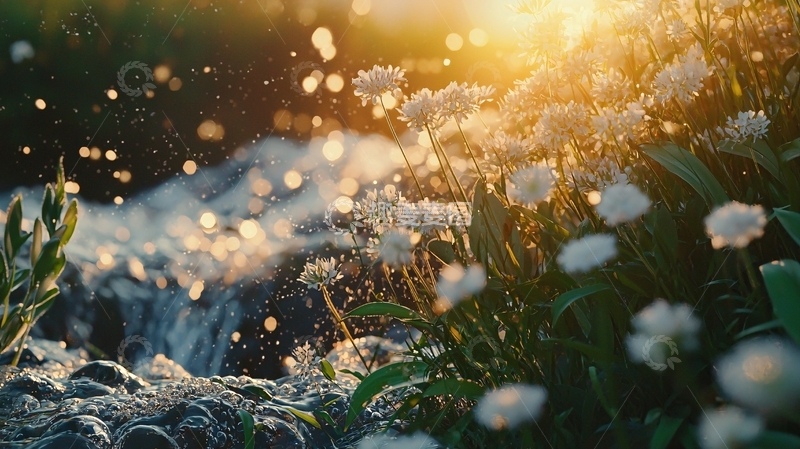 高清大图下载【趣麦麦图】夕阳下溪流旁盛开的白花