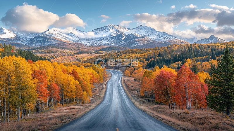 高清大图下载【趣麦麦图】秋日公路通向雪山