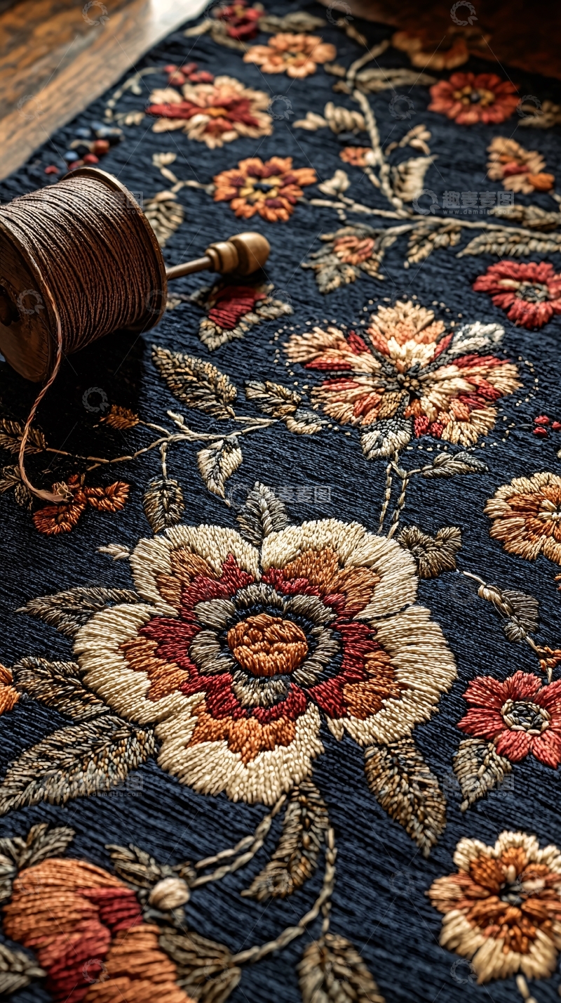 高清大图下载【趣麦麦图】暗蓝色绣花布料