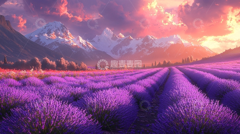 高清大图下载【趣麦麦图】梦幻薰衣草田园雪山日落