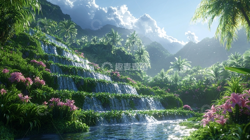 高清大图下载【趣麦麦图】热带雨林瀑布景观图