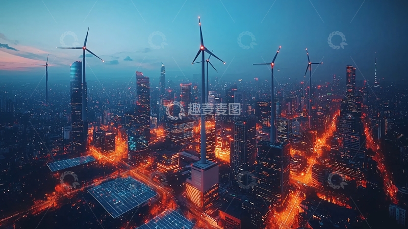 高清大图下载【趣麦麦图】夜景城市风力发电