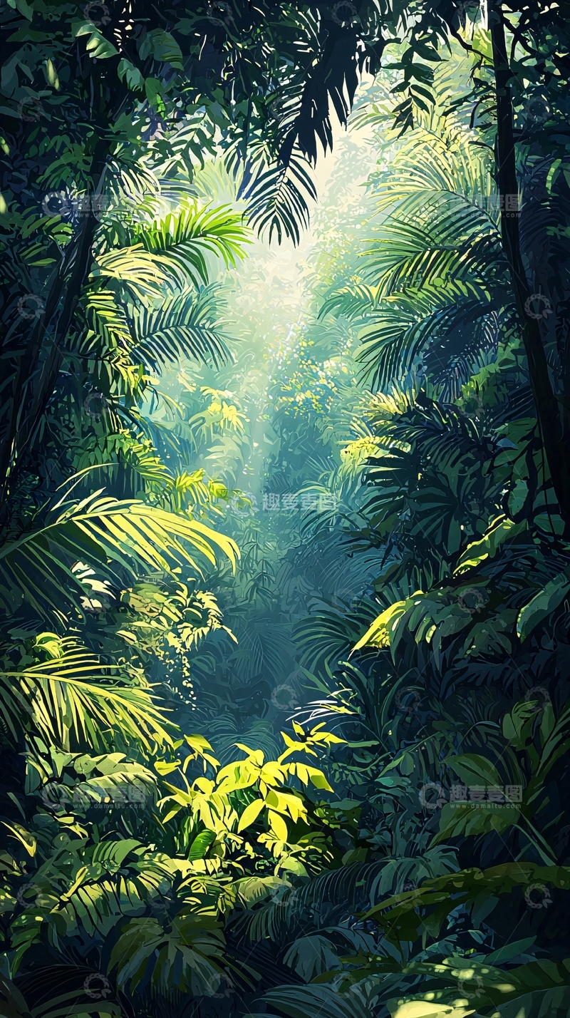 高清大图下载【趣麦麦图】热带雨林深处阳光洒落
