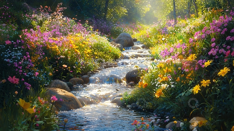 高清大图下载【趣麦麦图】鲜花盛开的小溪流水