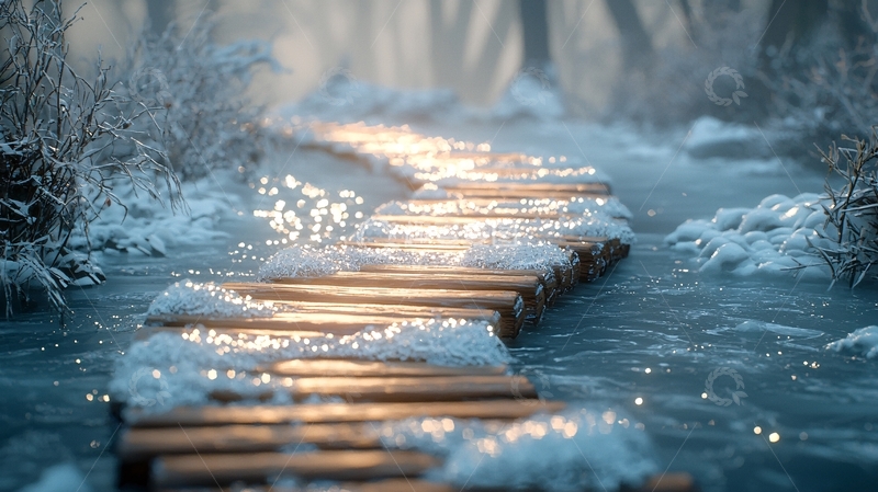 高清大图下载【趣麦麦图】冬日雪地木板路小径