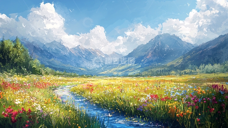 高清大图下载【趣麦麦图】阳光明媚的山谷花田