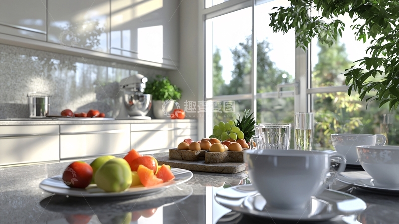 高清大图下载【趣麦麦图】明亮现代化厨房早餐场景