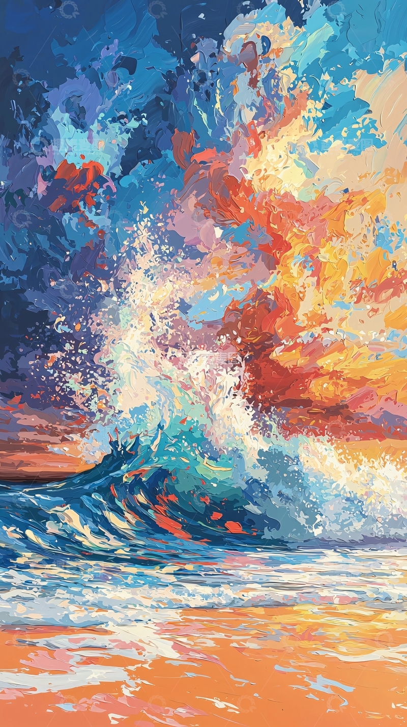 高清大图下载【趣麦麦图】色彩斑斓的浪花与晚霞