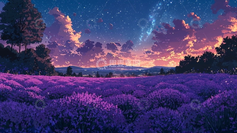 高清大图下载【趣麦麦图】梦幻薰衣草田星空日落