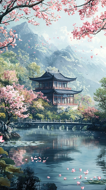 古风建筑樱花水面倒影