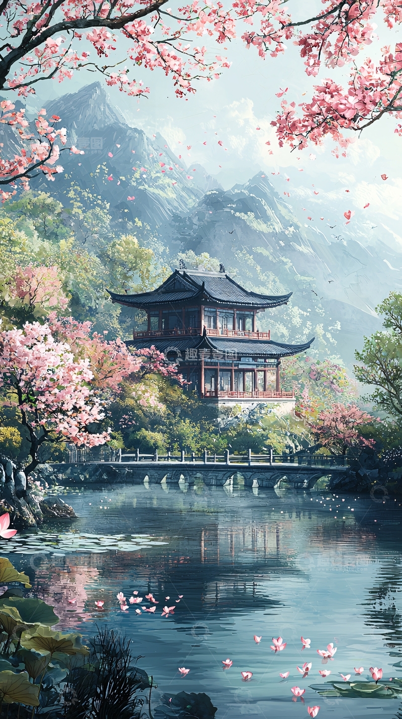 高清大图下载【趣麦麦图】古风建筑樱花水面倒影