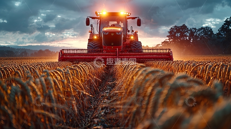 高清大图下载【趣麦麦图】夕阳下收割机在田野作业