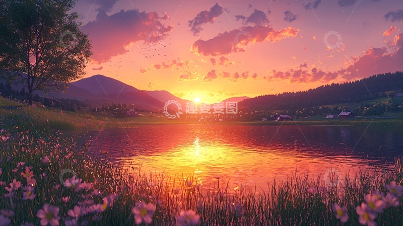 高清大图下载【趣麦麦图】日落湖泊风景