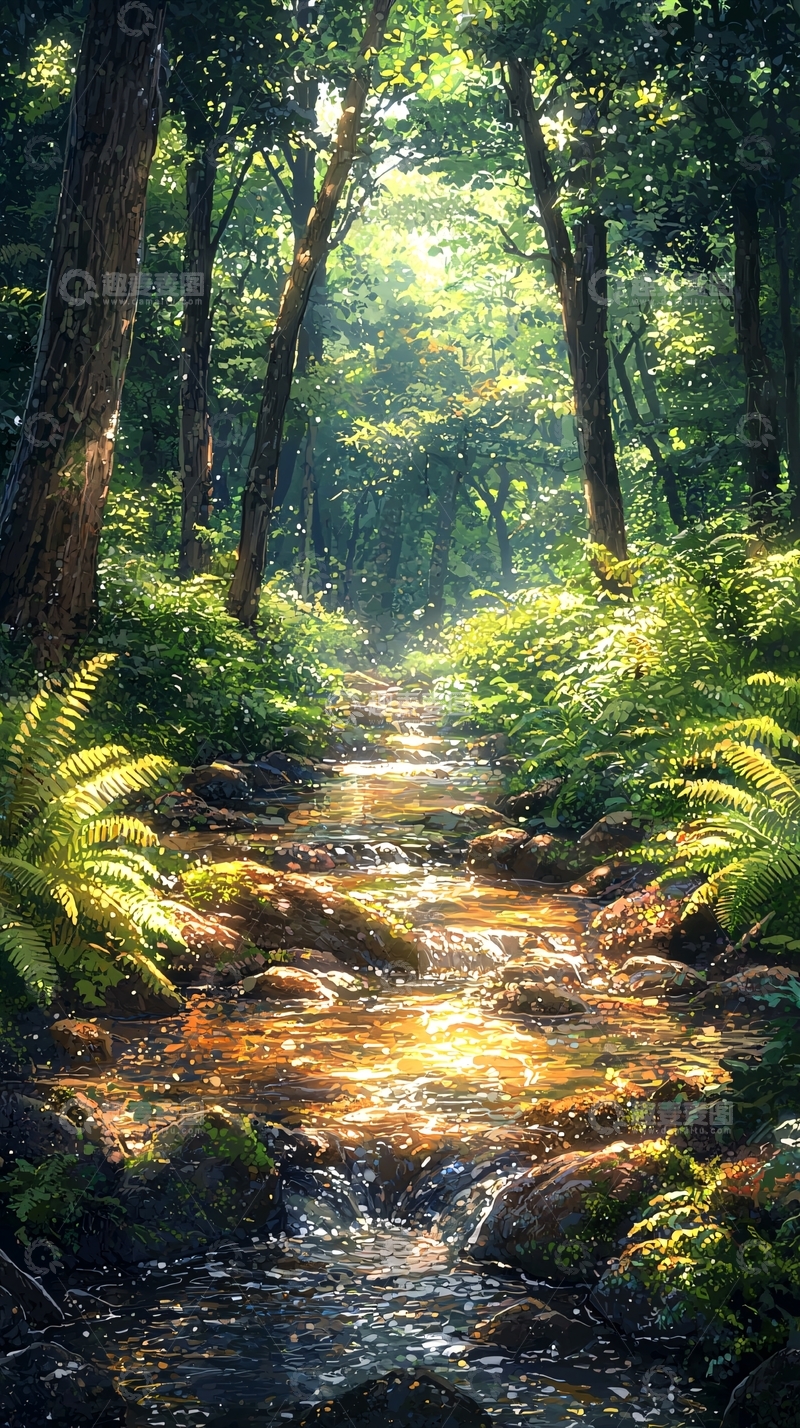 高清大图下载【趣麦麦图】森林小溪阳光明媚