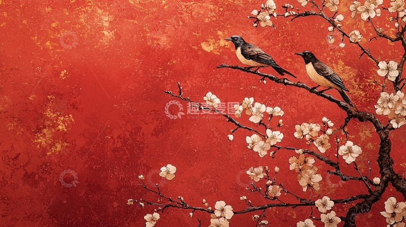 高清大图下载【趣麦麦图】红底白花双鸟图