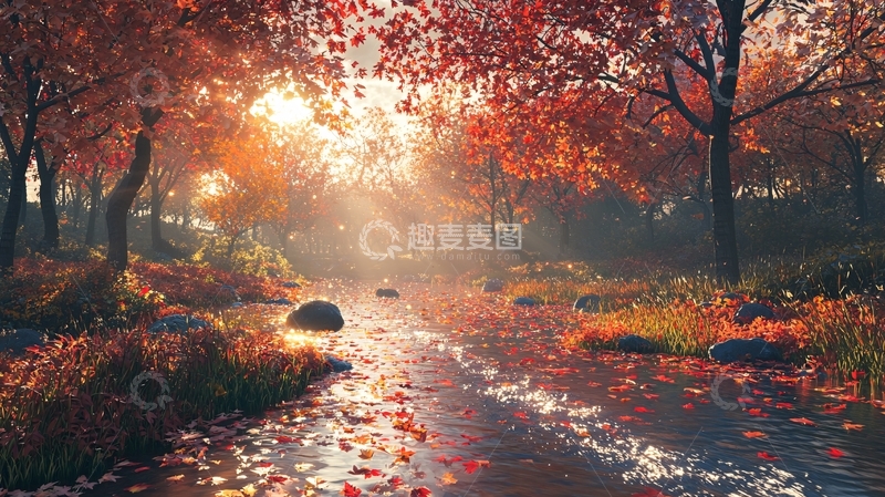 高清大图下载【趣麦麦图】秋日森林溪流阳光