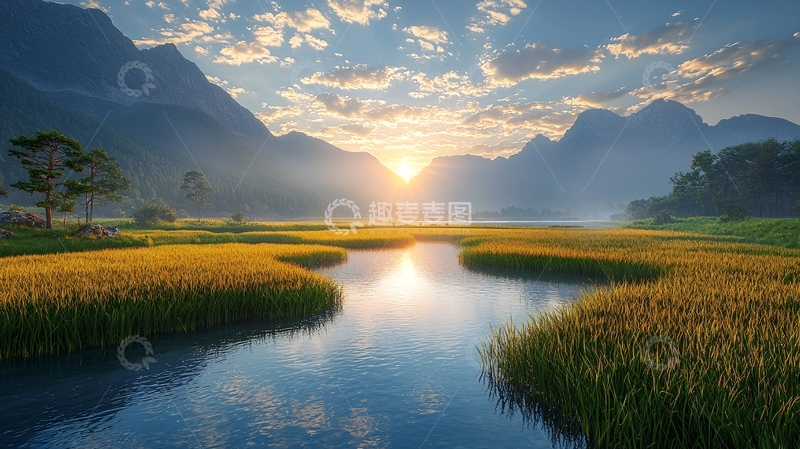 高清大图下载【趣麦麦图】日出山谷稻田河流