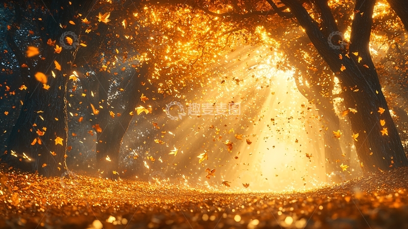 高清大图下载【趣麦麦图】金色阳光下的落叶林地