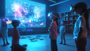 孩子们戴着VR眼镜体验虚拟现实