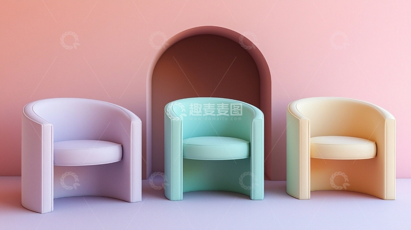 高清大图下载【趣麦麦图】粉色背景下三把彩色座椅
