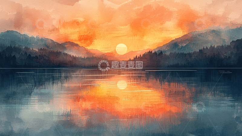 高清大图下载【趣麦麦图】宁静湖面日落山景