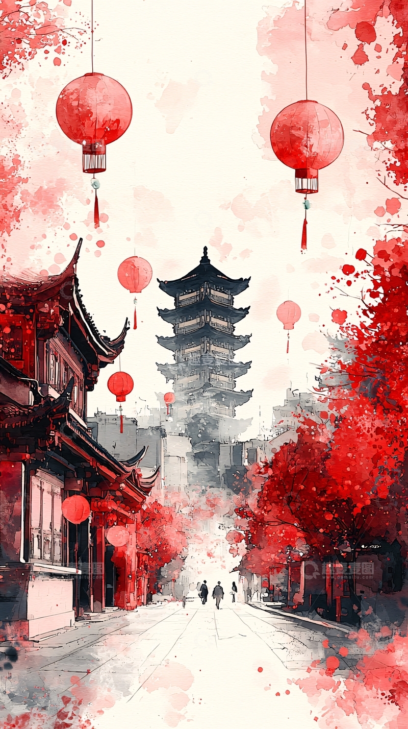 高清大图下载【趣麦麦图】红灯笼下的古镇