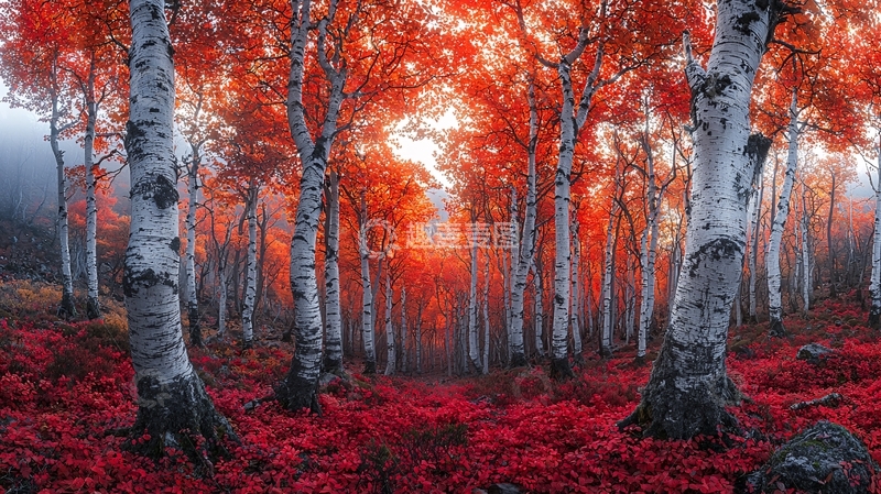 高清大图下载【趣麦麦图】秋季红叶白桦林