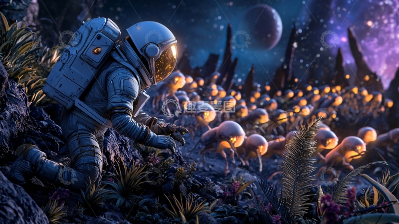 高清大图下载【趣麦麦图】宇航员与发光生物的奇幻星球