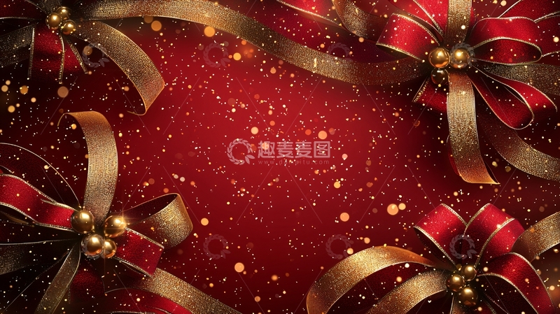 高清大图下载【趣麦麦图】红丝带金色蝴蝶结圣诞背景