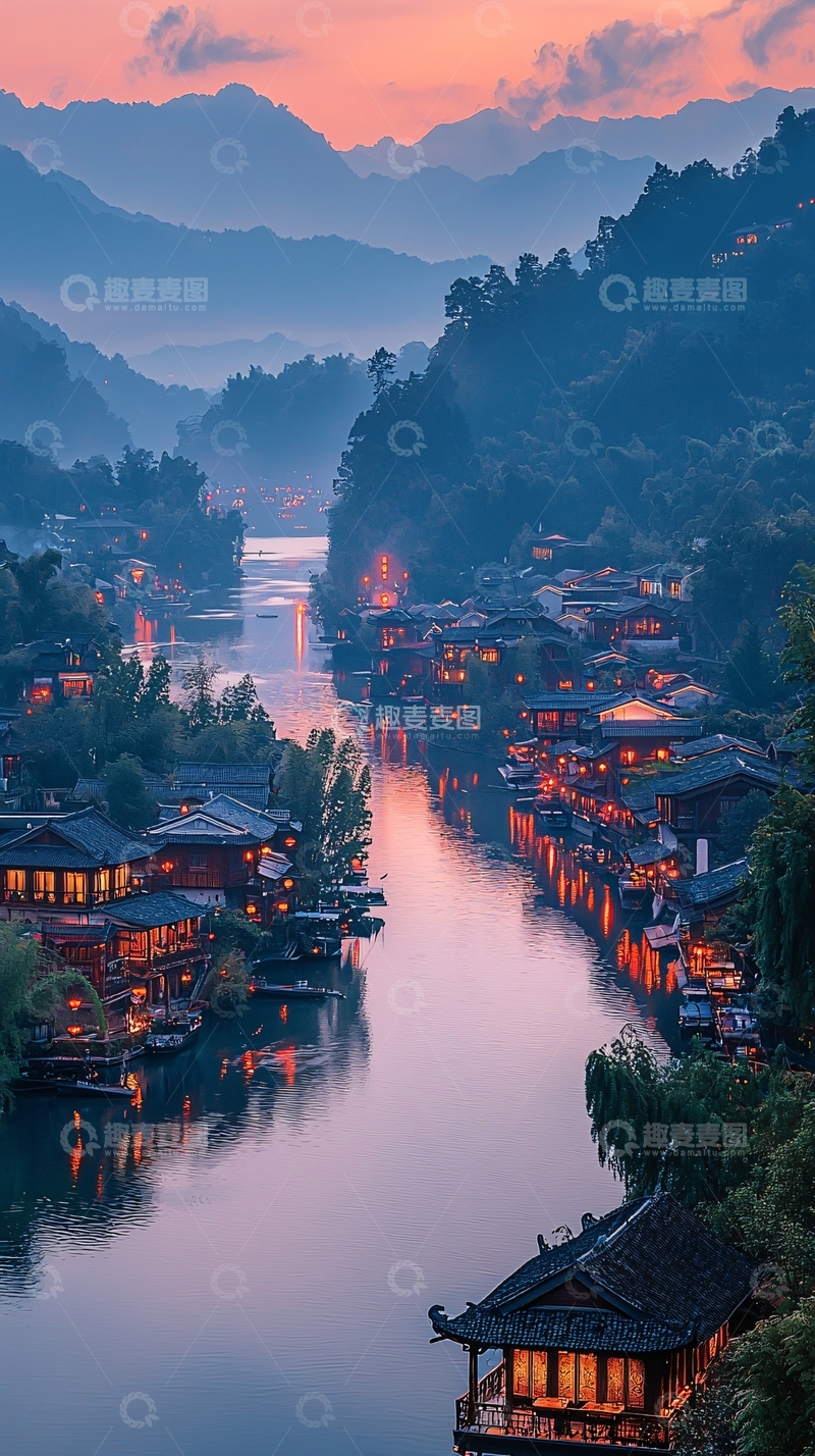 高清大图下载【趣麦麦图】傍晚时分水墨江南小镇