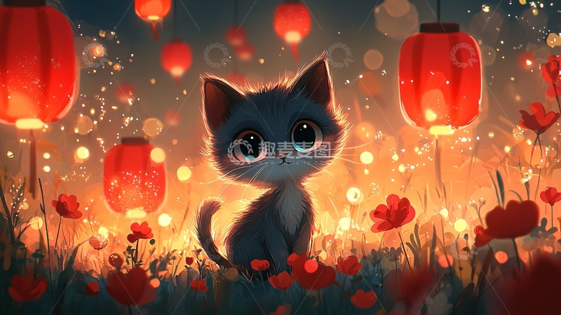 高清大图下载【趣麦麦图】小猫与红灯笼
