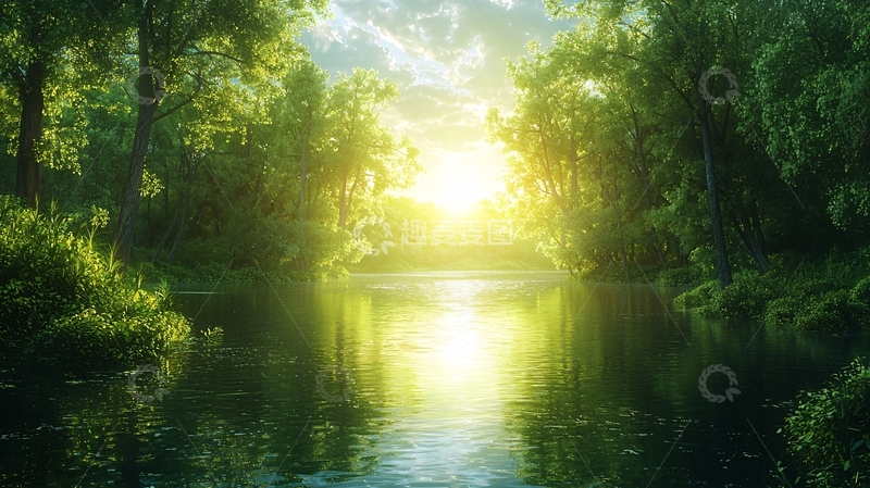 高清大图下载【趣麦麦图】阳光森林河流