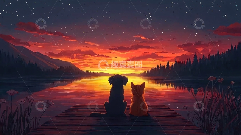 高清大图下载【趣麦麦图】夕阳下狗狗猫咪依偎