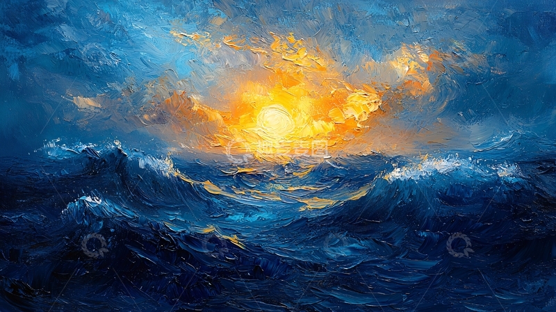 高清大图下载【趣麦麦图】海面日出油画风格