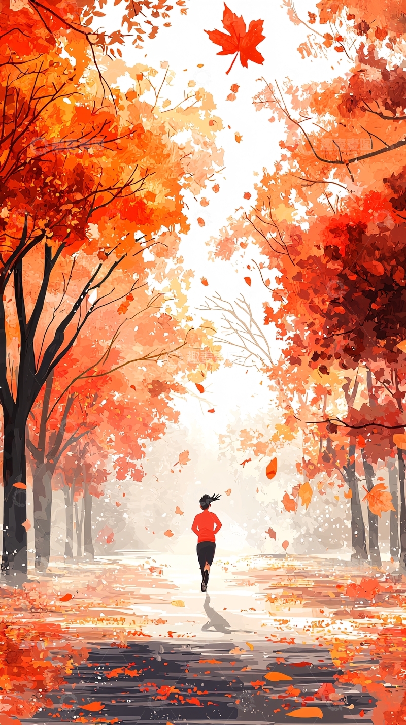 高清大图下载【趣麦麦图】秋日红叶小路跑步女子