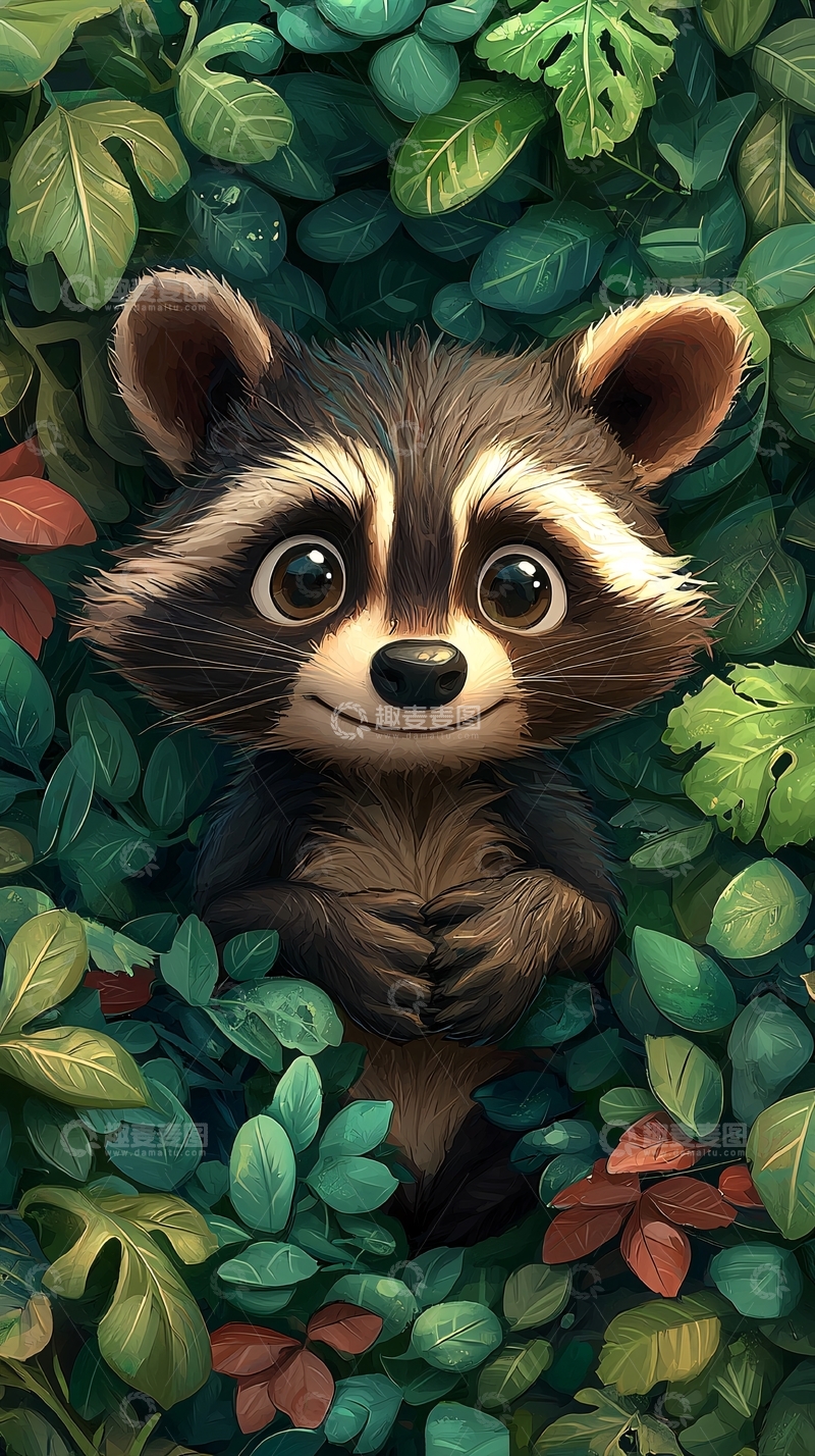 高清大图下载【趣麦麦图】可爱浣熊藏在绿叶中
