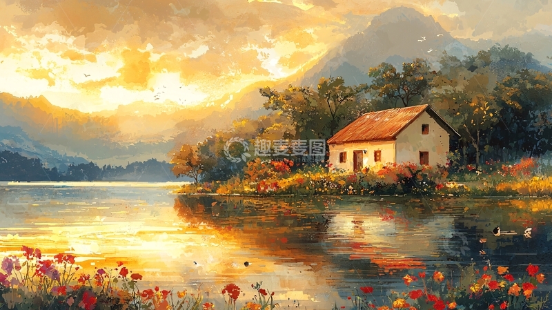 高清大图下载【趣麦麦图】湖边小屋落日风景