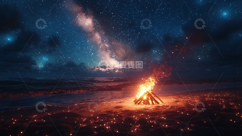 高清大图下载【趣麦麦图】星空篝火海滩