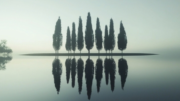 平静水面上的树木倒影