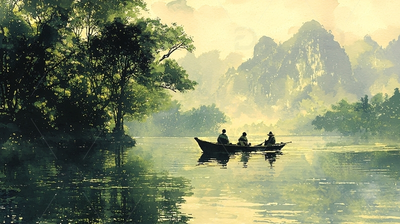 高清大图下载【趣麦麦图】清晨薄雾中泛舟