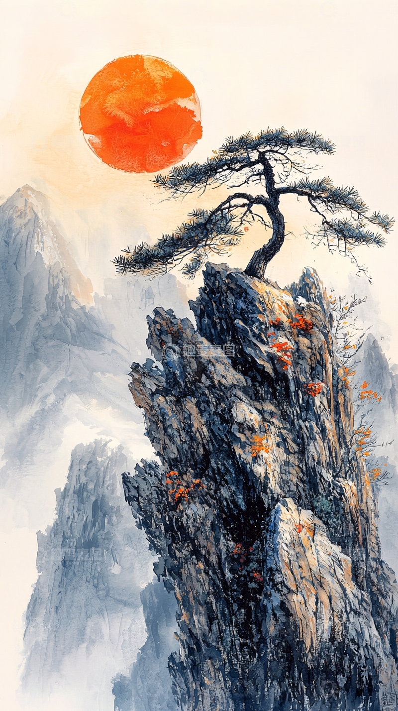 高清大图下载【趣麦麦图】山石孤松日出图